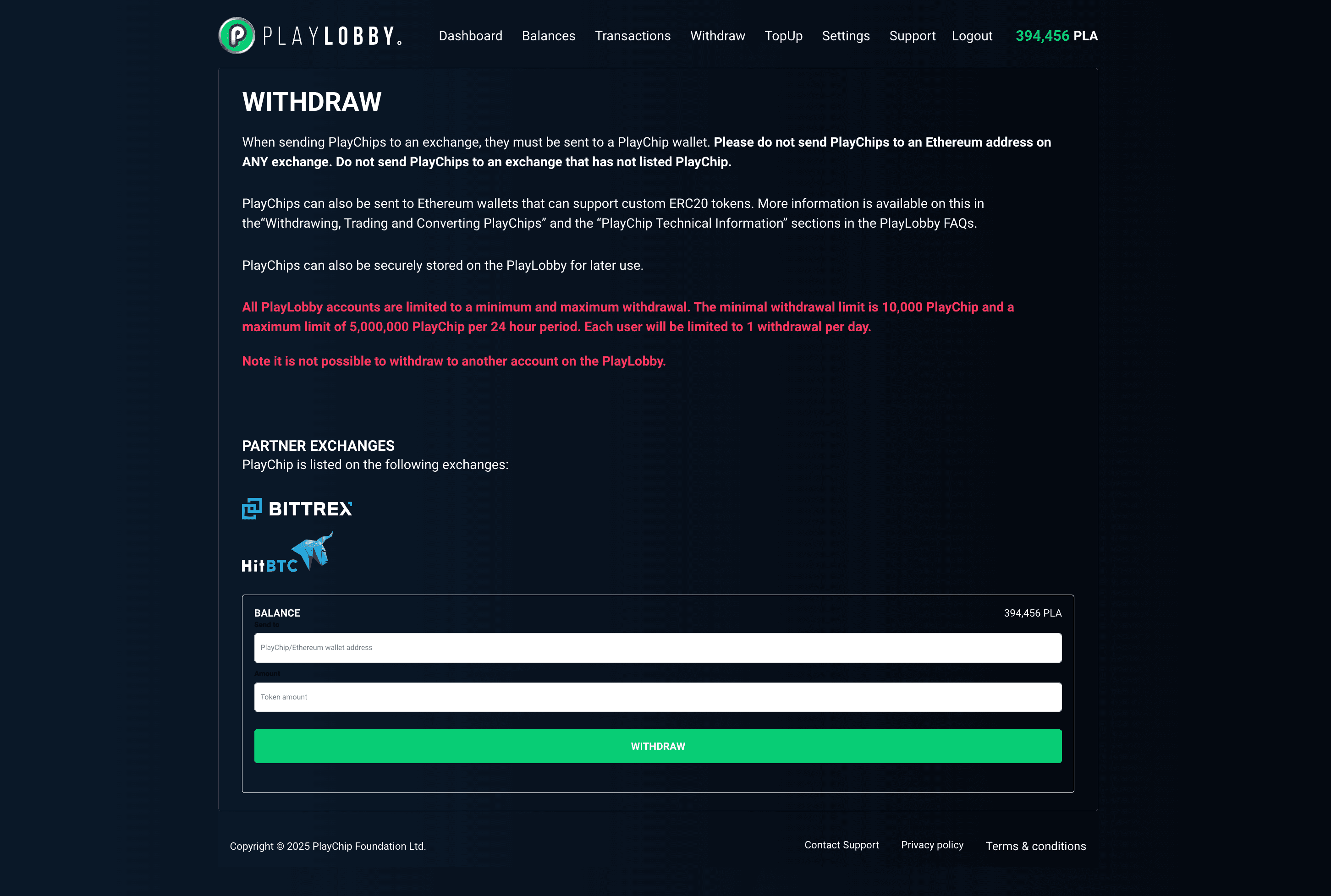 PlayLobby - Withdrawal Screen